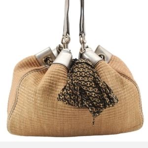 Auth GUCCI Beige Positano Tote w/scarf detail, Silver Trim, Pre-loved Fair cond